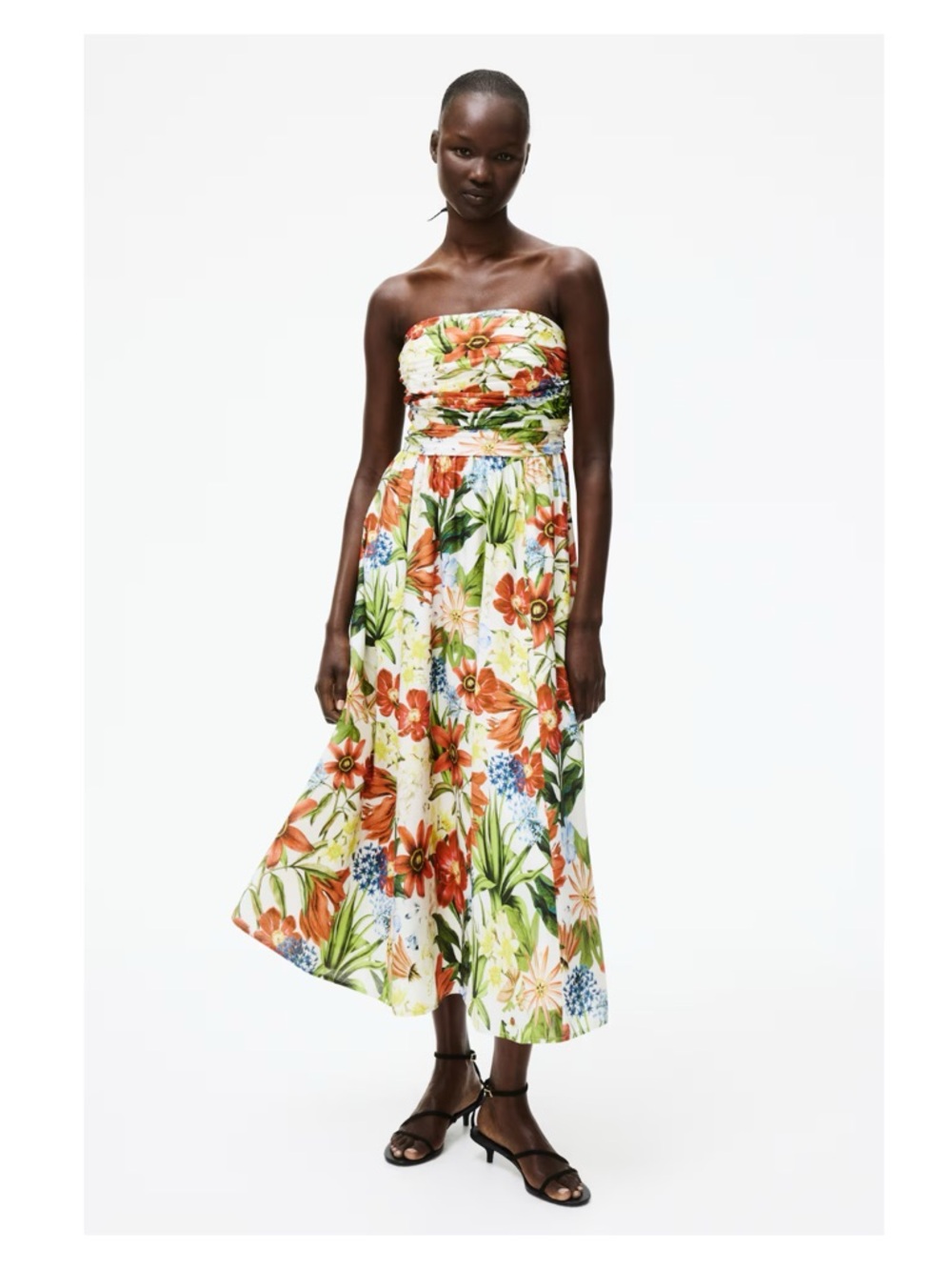 Strapless Pleated Bandeau Floral Midi Dress 🧡